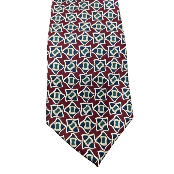 Brooks Brothers Mens Silk Tie With Geometric Pattern Red Blue Design Made In USA - Picture 2 of 7